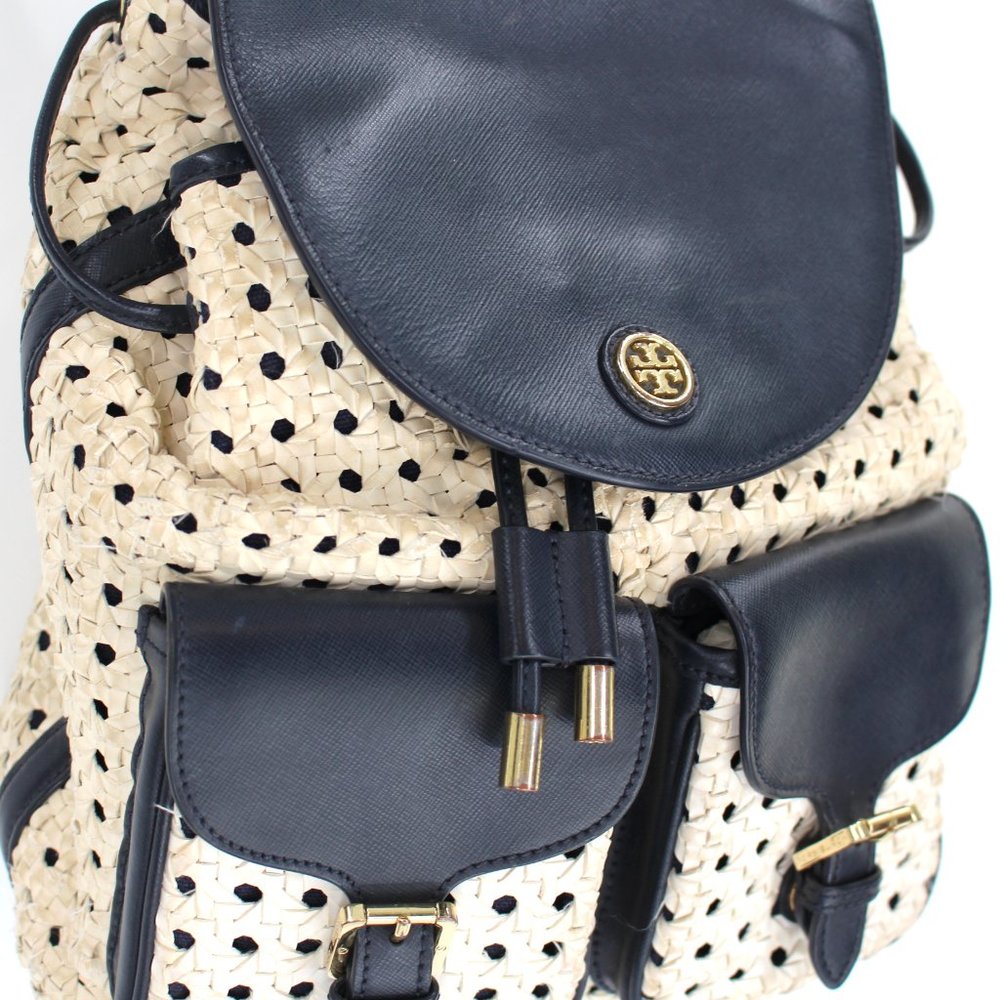 Tory Burch Navy Piper Backpack Woven Blue White Saffiano Leather - Picture 5 of 9